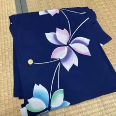 花柄 浴衣　ネイビー　紺　厚め　低身長　　呉服屋