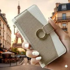 手帳型ケース iPhone17 ProMax ベージュ×ホワイト カードポケット