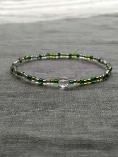 グリーン系ミックス ガラスビーズ & 天然石 水晶　ブレスレット