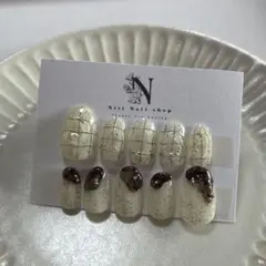 【現品限り】落書きうるうるチェック　ベージュつぶつぶ　こげ茶色インク　立体　3D