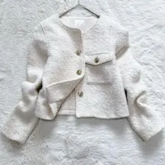 エムズエキサイト ノーカラージャケット ツイード風 金ボタン 裏地付 上品綺麗め