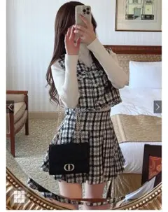 ツイードチェックベスト×プリーツスカートセットアップ[dk1279] GRL