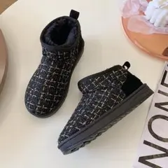 23cm ツイード ムートンブーツ 裏起毛 もこもこ 厚底 ブラック 519Y1