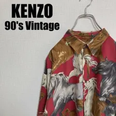 90s北斎タグKENZO総柄レーヨンシャツ美品Fケンゾー馬ホース長袖サラブレッドのサムネイル