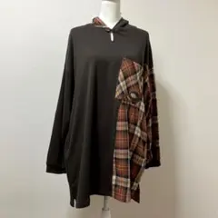 タグ付き　ドラッグストアーズ　ぶたさん　パーカー　チェック　秋　冬　ブラウン
