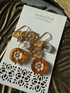 花柄オレンジビーズピアスセット