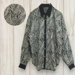 【バブル 80s ペイズリー 長袖総柄シャツ】日本製 XL相当 白黒 古着