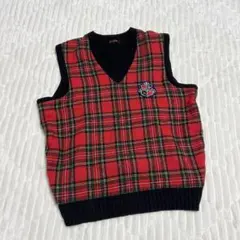 【a3908】Jevanon 美品 赤チェックニットベスト ウール混 韓国
