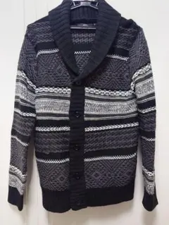 AZUL ｜ニットカーディガン メンズS｜グレー系 ボーダー柄｜美品