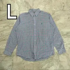 ラルフローレン　BDシャツ　チェック柄　ブルー　メンズ　L　コットンストレッチ