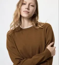 【美品】ユニクロ メリノ クルーネック セーター ウール ブラウン　S