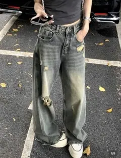 ダメージ加工 ワイドレッグデニムパンツ