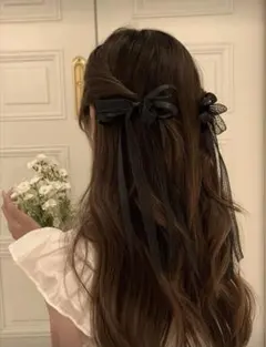 レースサテンダブルリボン　ヘアクリップ　2個セットブラック