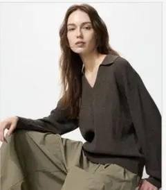 UNIQLO ウォッシャブルニットリブポロセーター ブラウン
