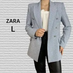 《ZARA》ギンガムチェック ダブルブレスジャケット 水色 L