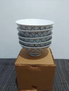 青い網目模様の茶碗 5個セット　昭和レトロ