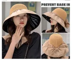 【ベージュ】つば広ハット 紫外線対策 リボン UVカット 帽子 ブラック フリー