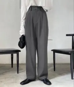 me+em select 太ベルトハイウエストカラータックスラックス グレー