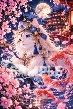 1652 幻想的 白猫と桜・錦鯉 月夜 和風アート デジタルイラスト