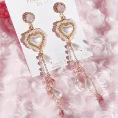 b092　ハート パール ピンク 量産型 ロング 揺れる 韓国 ピアス