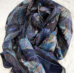 ジャンルイシェレル シルク100% 大判ストール ペイズリー ブルー系 ショール