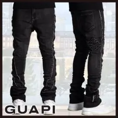 新品28 GUAPI スキニー レザーパッチ ワックス ブラックデニム グアピGUAPI ワックスコーティングクラッシュスキニーフレアデニム 黒