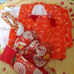 オレンジ色 鶴模様 被布着 帯付き 七五三 子供 着物