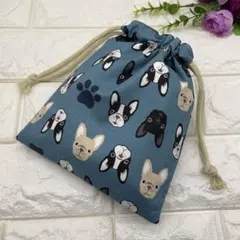418＊ハンドメイド＊巾着袋　巾着 　　　フレブルと足跡(アッシュブルー)
