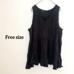 【フリーサイズ】 ブラック ノースリーブ チュニック フリル レース
