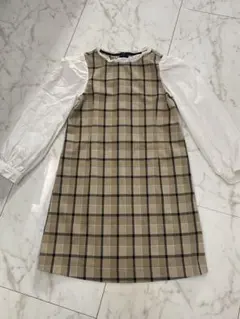 チェック柄 長袖ワンピース ベージュ・ブラウン