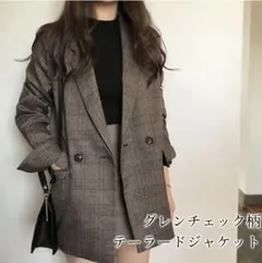 グレンチェック柄 テーラードジャケット ブラウン M