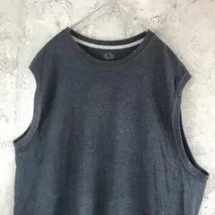 A4190古着　タンクトップ　チャコール　無地　ノースリーブ　カットオフ