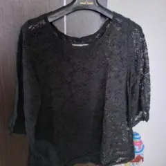 LOWRYS FARM　レース　BLACK　トップス　七分袖　レーシーブラウス
