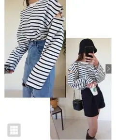 GRL ボーダー柄ショルダースリットルーズトップス[fo1647] ラベンダー