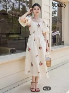 花柄　パフスリーブワンピース　　ロングワンピース　ロングドレス　ポワン袖