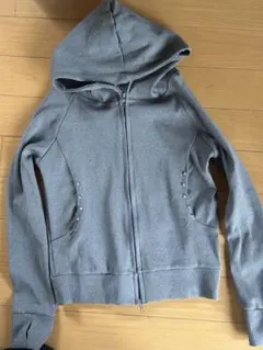 スタッズ付き リブニットパーカー グレー ダブルジップ