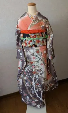 昭和レトロ振袖　振袖セット【 7点】 美品 昭和レトロ振袖 7点フルセット 朱赤×御所車×牡丹 王道古典 小柄