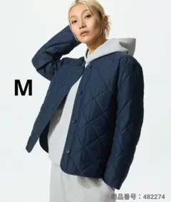 ユニクロ パフテックノーカラーキルティングジャケット M ネイビー