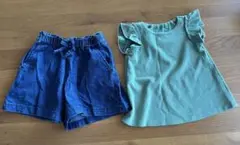 【セット売り】緑色フリルトップス　デニムショートパンツセット