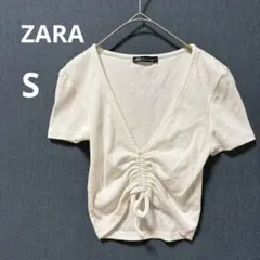 美品 ZARA S クロップドトップス 半袖 Vネック ホワイト Tシャツ