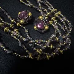青*子様 紫の多層 アンティーク 5連 ネックレス ＆ イヤリング 2点 セット
