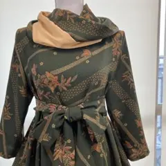 正絹着物リメイク　蝶々タックワンピース　スヌード、腰リボン付き