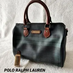 ポロラルフローレン ミニボストンバッグ ブラックウォッチ グリーン PVCレザー