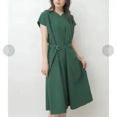 earth music&ecology グリーンウエストリボンVネックワンピース