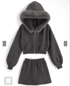 GRL ファーフードジップパーカー×ミニスカートセットアップ チャコール