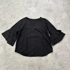 k1643 ビームスハート Vネックブラウス シャツ フレア袖 黒 ノーカラー