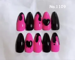 No.1109 ネイルチップ　BLACK PINK ハート　ネオンピンク