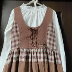 ルイスキャロル チェックコンビ レースアップ ジャンバースカート ブラウン