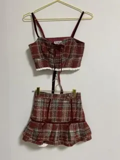 赤系チェック クロップトップ&スカートセット