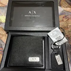 アルマーニ エクスチェンジ プレートロゴ　二つ折りレザー財布＆キーリングセット
